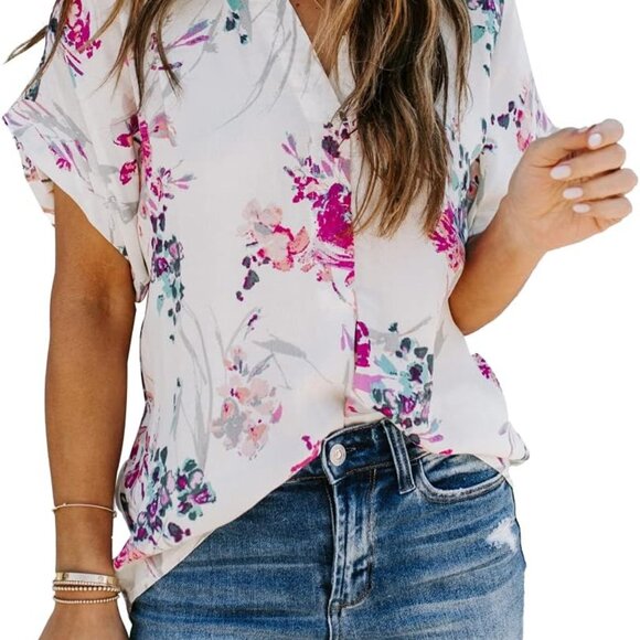 Women Summer Casual Split V Neckline Floral Chiffon Blouses Loose Tunic Short Sl - Picture 1 of 5